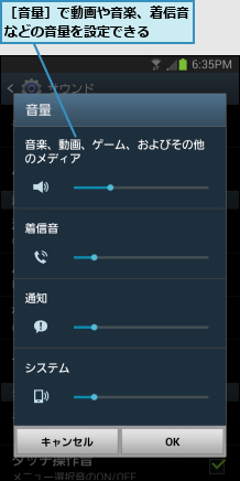 ［音量］で動画や音楽、着信音などの音量を設定できる  
