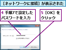 4 手順7で設定したパスワードを入力,5［OK］をクリック,［ネットワークに接続］が表示された