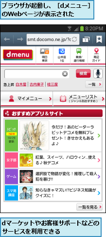 dマーケットやお客様サポートなどのサービスを利用できる    ,ブラウザが起動し、［dメニュー］のWebページが表示された