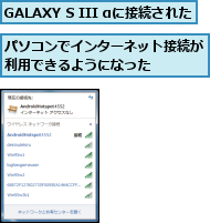 GALAXY S III αに接続された,パソコンでインターネット接続が利用できるようになった    
