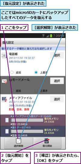 1 ここをタップ,2［復元開始］をタップ    ,3［確認］が表示されたら、［OK］をタップ    ,ここではmicroSDカードにバックアップしたすべてのデータを復元する,［復元設定］が表示された,［選択解除］が表示された