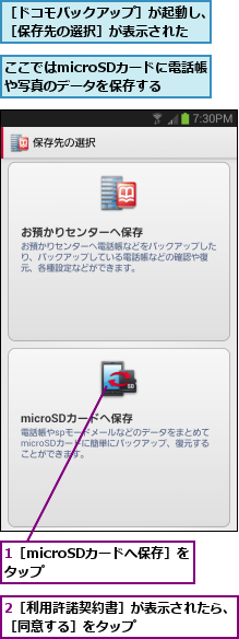 1［microSDカードへ保存］をタップ      ,2［利用許諾契約書］が表示されたら、［同意する］をタップ        ,ここではmicroSDカードに電話帳や写真のデータを保存する  ,［ドコモバックアップ］が起動し、［保存先の選択］が表示された  