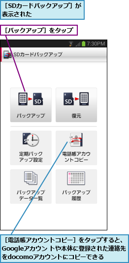［SDカードバックアップ］が表示された      ,［バックアップ］をタップ,［電話帳アカウントコピー］をタップすると、Googleアカウン トや本体に登録された連絡先をdocomoアカウントにコピーできる