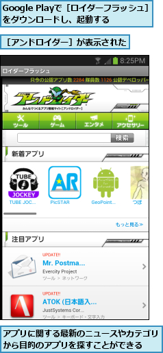 Google Playで［ロイダーフラッシュ］をダウンロードし、起動する,アプリに関する最新のニュースやカテゴリから目的のアプリを探すことができる  ,［アンドロイダー］が表示された
