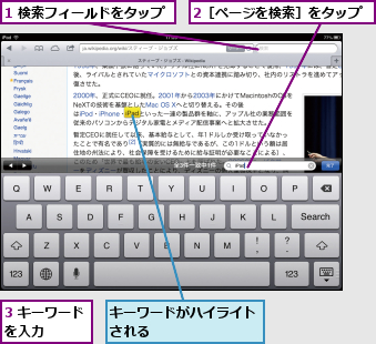 1 検索フィールドをタップ,2［ページを検索］をタップ,3 キーワードを入力    ,キーワードがハイライトされる       