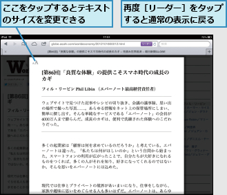 ここをタップするとテキストのサイズを変更できる  ,再度［リーダー］をタップすると通常の表示に戻る