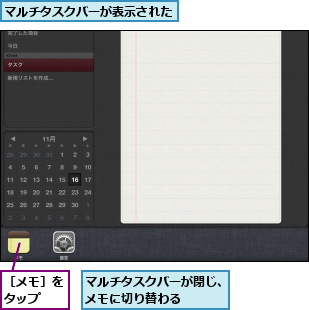 マルチタスクバーが表示された,マルチタスクバーが閉じ、メモに切り替わる   ,［メモ］をタップ  