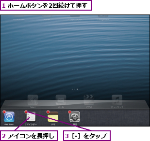 1 ホームボタンを2回続けて押す,2 アイコンを長押し,3［-］をタップ