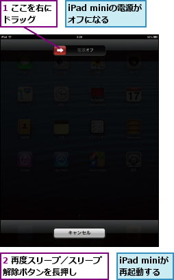 1 ここを右にドラッグ  ,2 再度スリープ／スリープ解除ボタンを長押し   ,iPad miniが 再起動する,iPad miniの電源がオフになる