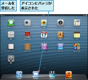 アイコンにバッジが表示された   ,メールを受信した