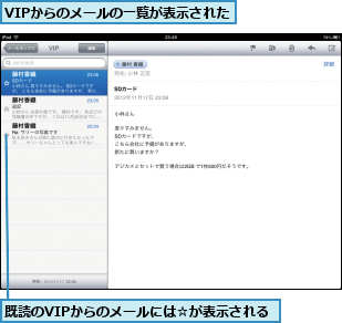 VIPからのメールの一覧が表示された,既読のVIPからのメールには☆が表示される