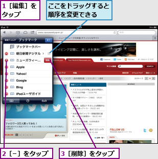 1［編集］をタップ  ,2［−］をタップ,3［削除］をタップ,ここをドラッグすると順序を変更できる  