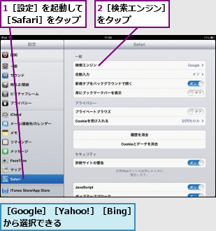 1［設定］を起動して［Safari］をタップ,2［検索エンジン］をタップ     ,［Google］［Yahoo!］［Bing］から選択できる     