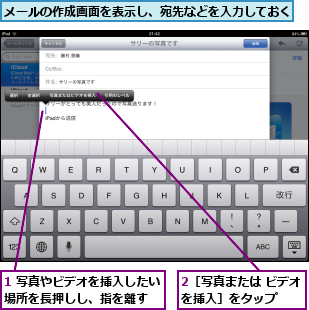 1 写真やビデオを挿入したい場所を長押しし、指を離す  ,2［写真または ビデオを挿入］をタップ  ,メールの作成画面を表示し、宛先などを入力しておく