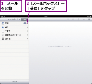 1［メール］を起動  ,2［メールボックス］→ ［受信］をタップ   
