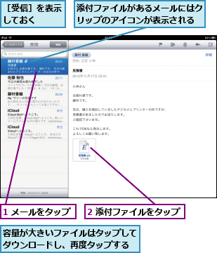 1 メールをタップ,2 添付ファイルをタップ,容量が大きいファイルはタップしてダウンロードし、再度タップする,添付ファイルがあるメールにはクリップのアイコンが表示される,［受信］を表示しておく  