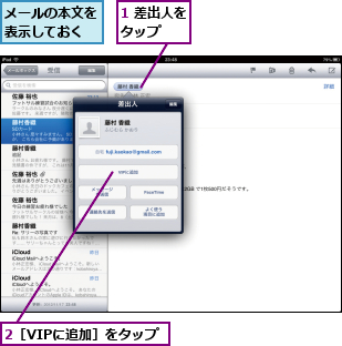 1 差出人をタップ  ,2［VIPに追加］をタップ,メールの本文を表示しておく