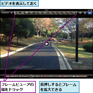 ビデオを表示しておく,フレームビューアの端をドラッグ  ,長押しするとフレームを拡大できる    