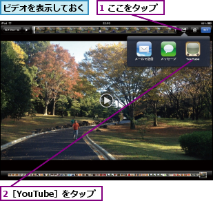 1 ここをタップ,2［YouTube］をタップ,ビデオを表示しておく