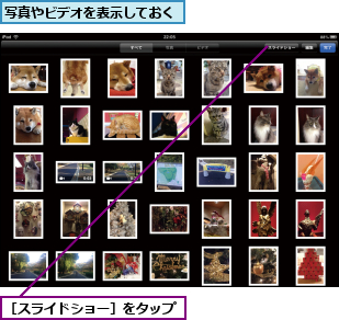 写真やビデオを表示しておく,［スライドショー］をタップ