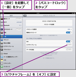 1［設定］を起動して［一般］をタップ  ,2［パスコードロック］をタップ      ,3［ピクチャフレーム］を［オフ］に設定