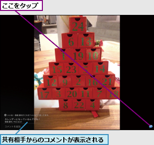 ここをタップ,共有相手からのコメントが表示される