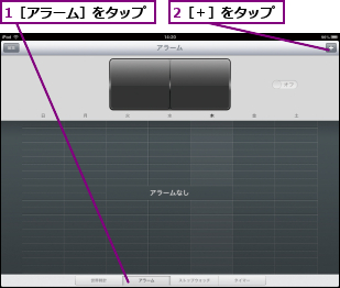 1［アラーム］をタップ,2［＋］をタップ