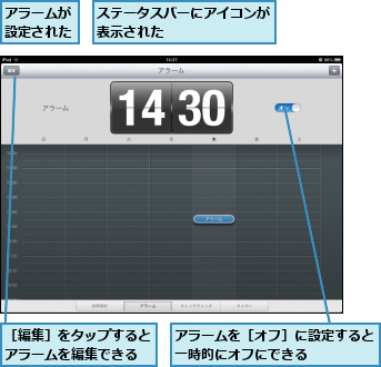 アラームが設定された,アラームを［オフ］に設定すると一時的にオフにできる    ,ステータスバーにアイコンが表示された        ,［編集］をタップするとアラームを編集できる