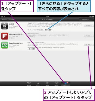1［アップデート］をタップ    ,2 アップデートしたいアプリの［アップデート］をタップ,［さらに見る］をタップするとすべての内容が表示され  