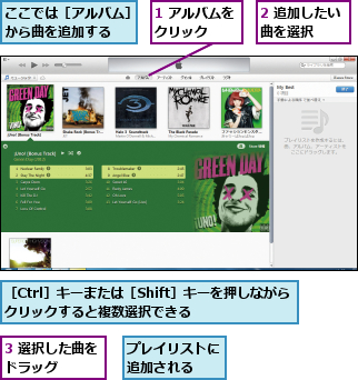 1 アルバムをクリック  ,2 追加したい曲を選択  ,3 選択した曲をドラッグ    ,ここでは［アルバム］から曲を追加する  ,プレイリストに追加される  ,［Ctrl］キーまたは［Shift］キーを押しながらクリックすると複数選択できる    