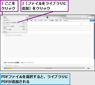 1 ここをクリック,2［ファイルをライブラリに追加］をクリック    ,PDFファイルを選択すると、ライブラリにPDFが追加される        