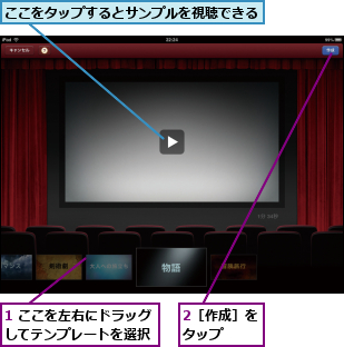 1 ここを左右にドラッグしてテンプレートを選択,2［作成］をタップ  ,ここをタップするとサンプルを視聴できる        