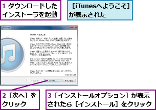 1 ダウンロードしたインストーラを起動,2［次へ］をクリック  ,3［インストールオプション］が表示されたら［インストール］をクリック,［iTunesへようこそ］が表示された