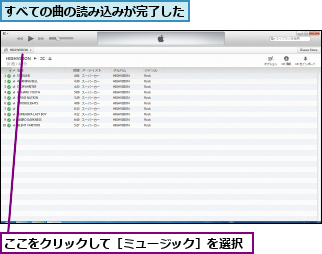 ここをクリックして［ミュージック］を選択,すべての曲の読み込みが完了した