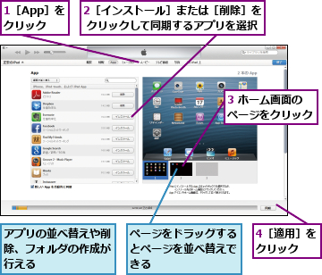 1［App］を　クリック,2［インストール］または［削除］を クリックして同期するアプリを選択,3 ホーム画面のページをクリック,4［適用］をクリック  ,アプリの並べ替えや削除、フォルダの作成が行える,ページをドラッグするとページを並べ替えできる