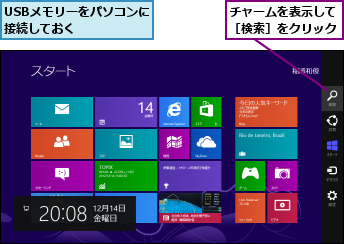 USBメモリーをパソコンに接続しておく    ,チャームを表示して［検索］をクリック