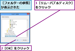 1［リムーバブルディスク］をクリック        ,2［OK］をクリック,［フォルダーの参照］が表示された    