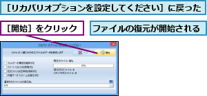 ファイルの復元が開始される,［リカバリオプションを設定してください］に戻った,［開始］をクリック