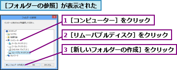 1［コンピューター］をクリック,2［リムーバブルディスク］をクリック,3［新しいフォルダーの作成］をクリック,［フォルダーの参照］が表示された