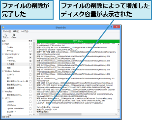 ファイルの削除が完了した    ,ファイルの削除によって増加したディスク容量が表示された  