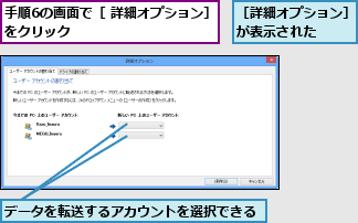 データを転送するアカウントを選択できる,手順6の画面で［ 詳細オプション］をクリック            ,［詳細オプション］が表示された  