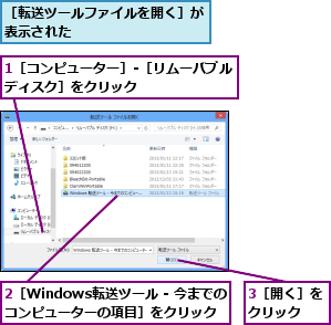 1［コンピューター］-［リムーバブルディスク］をクリック        ,2［Windows転送ツール - 今までのコンピューターの項目］をクリック,3［開く］をクリック  ,［転送ツールファイルを開く］が表示された          