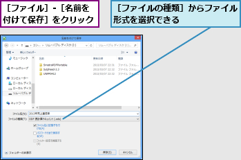 ［ファイルの種類］からファイル形式を選択できる      ,［ファイル］-［名前を付けて保存］をクリック