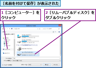 1［コンピューター］をクリック      ,2［リムーバブルディスク］をダブルクリック      ,［名前を付けて保存］が表示された