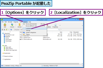 1［Options］をクリック,2［Localization］をクリック,PeaZip Portable が起動した