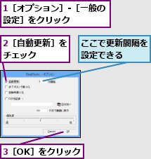 1［オプション］-［一般の設定］をクリック    ,2［自動更新］をチェック    ,3［OK］をクリック,ここで更新間隔を設定できる  