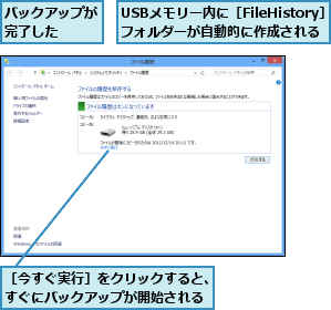 USBメモリー内に［FileHistory］ フォルダーが自動的に作成される,バックアップが完了した  ,［今すぐ実行］をクリックすると、すぐにバックアップが開始される