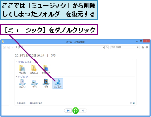 ここでは［ミュージック］から削除してしまったフォルダーを復元する,［ミュージック］をダブルクリック