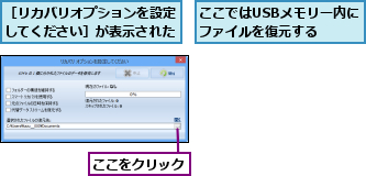 ここではUSBメモリー内にファイルを復元する  ,ここをクリック,［リカバリオプションを設定してください］が表示された
