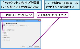 1［POP3］をクリック,2［進む］をクリック,ここではPOP3 のメールアカウントを設定する,［アカウントのタイプを選択してください］が表示された